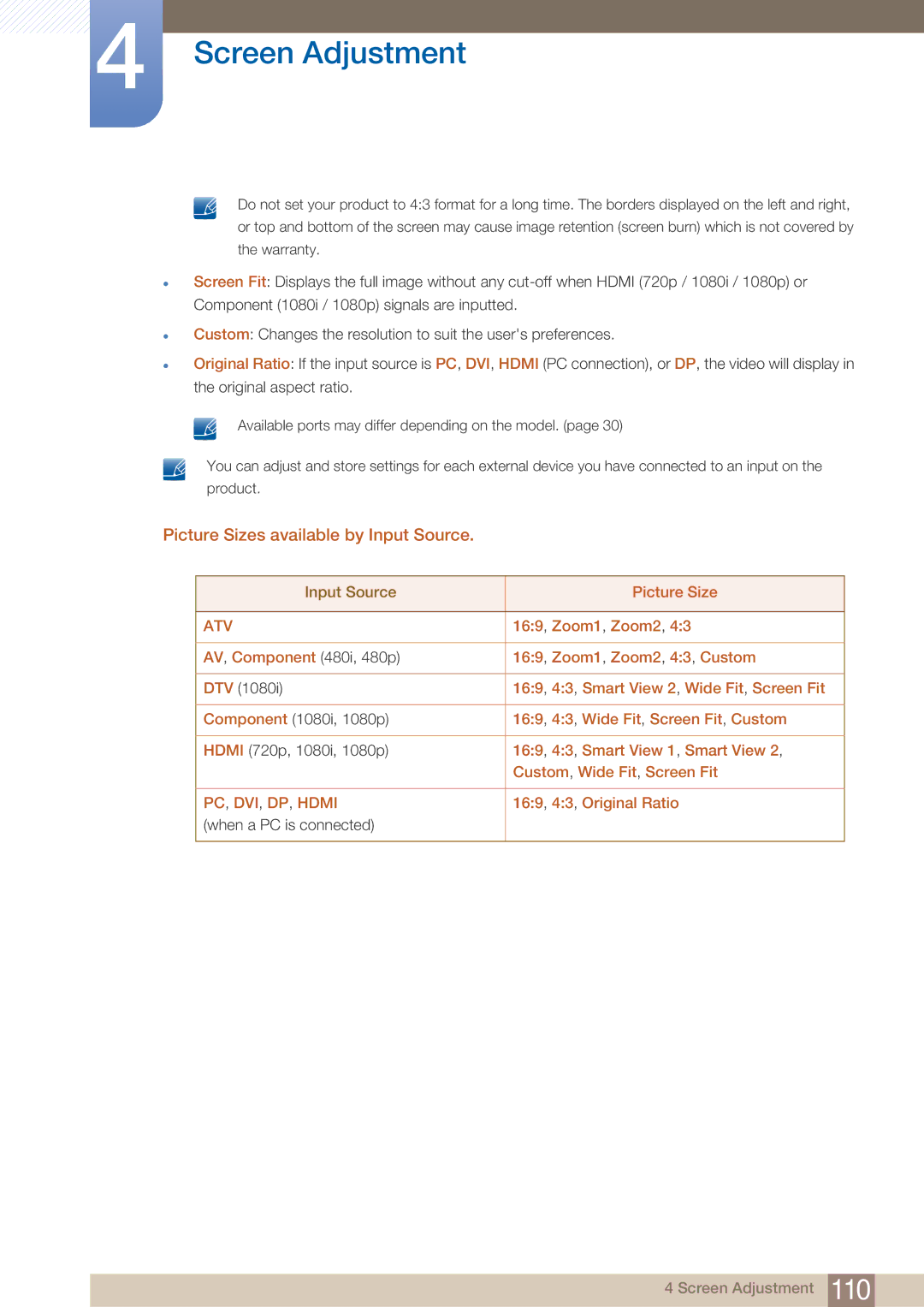 Samsung DE46C, DE55C, DE40C user manual Picture Sizes available by Input Source 