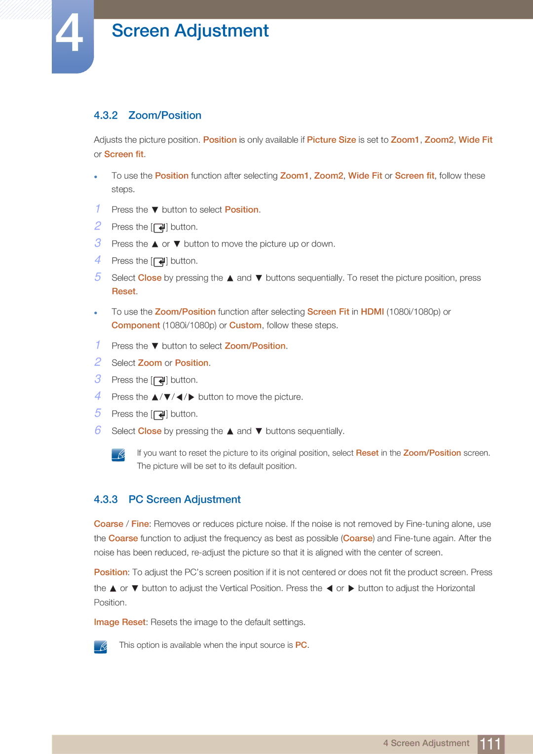 Samsung DE55C, DE40C, DE46C user manual Zoom/Position, PC Screen Adjustment, Reset, Select Zoom or Position 