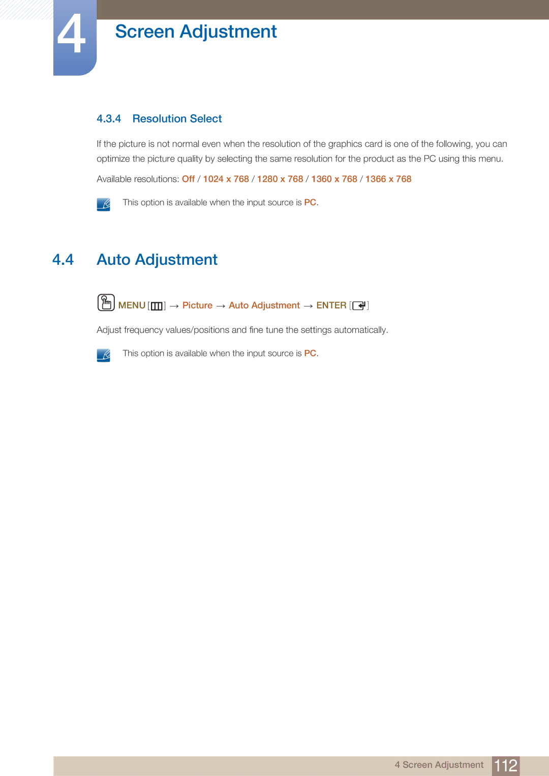 Samsung DE40C, DE55C, DE46C user manual Resolution Select, Menu m Picture Auto Adjustment Enter 