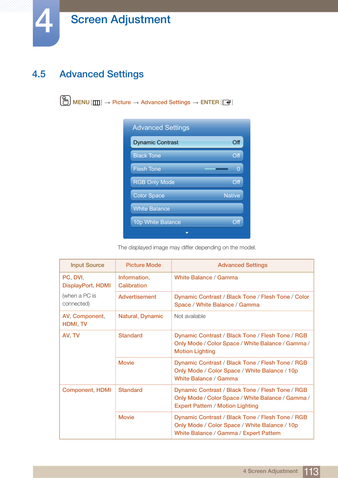 Samsung DE46C Menu m Picture Advanced Settings Enter, Space / White Balance / Gamma, AV , Component Natural , Dynamic 