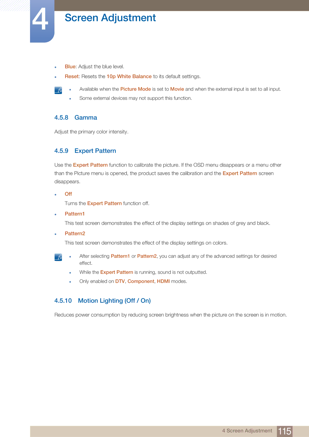 Samsung DE40C, DE55C, DE46C user manual Gamma, Expert Pattern, Motion Lighting Off / On, Pattern1 