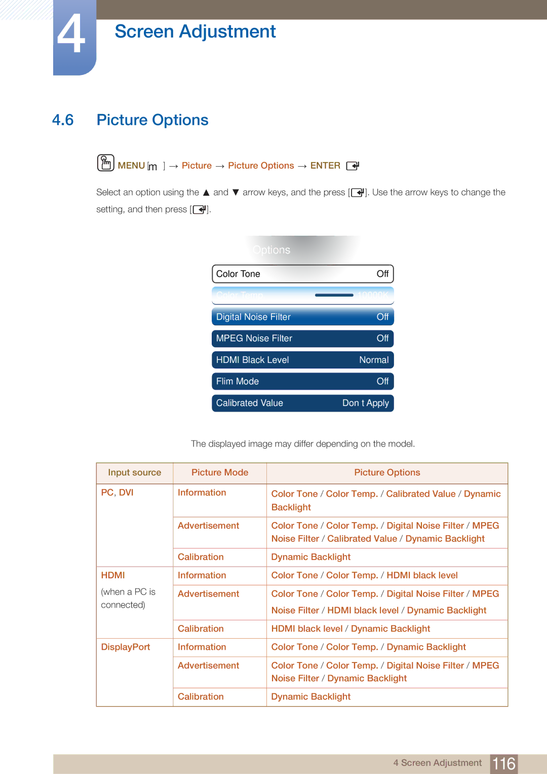 Samsung DE46C, DE55C, DE40C user manual Menu m Picture Picture Options, Picture Mode Picture Options 