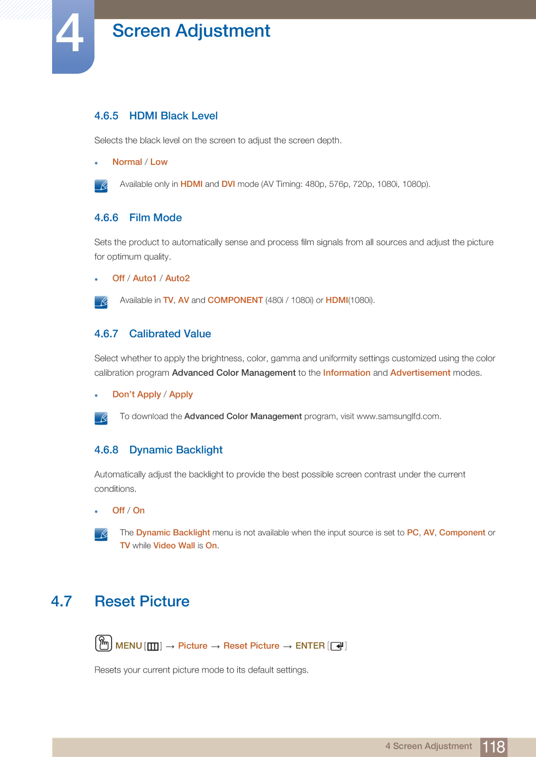 Samsung DE40C, DE55C, DE46C user manual Reset Picture, Hdmi Black Level, Film Mode, Calibrated Value, Dynamic Backlight 