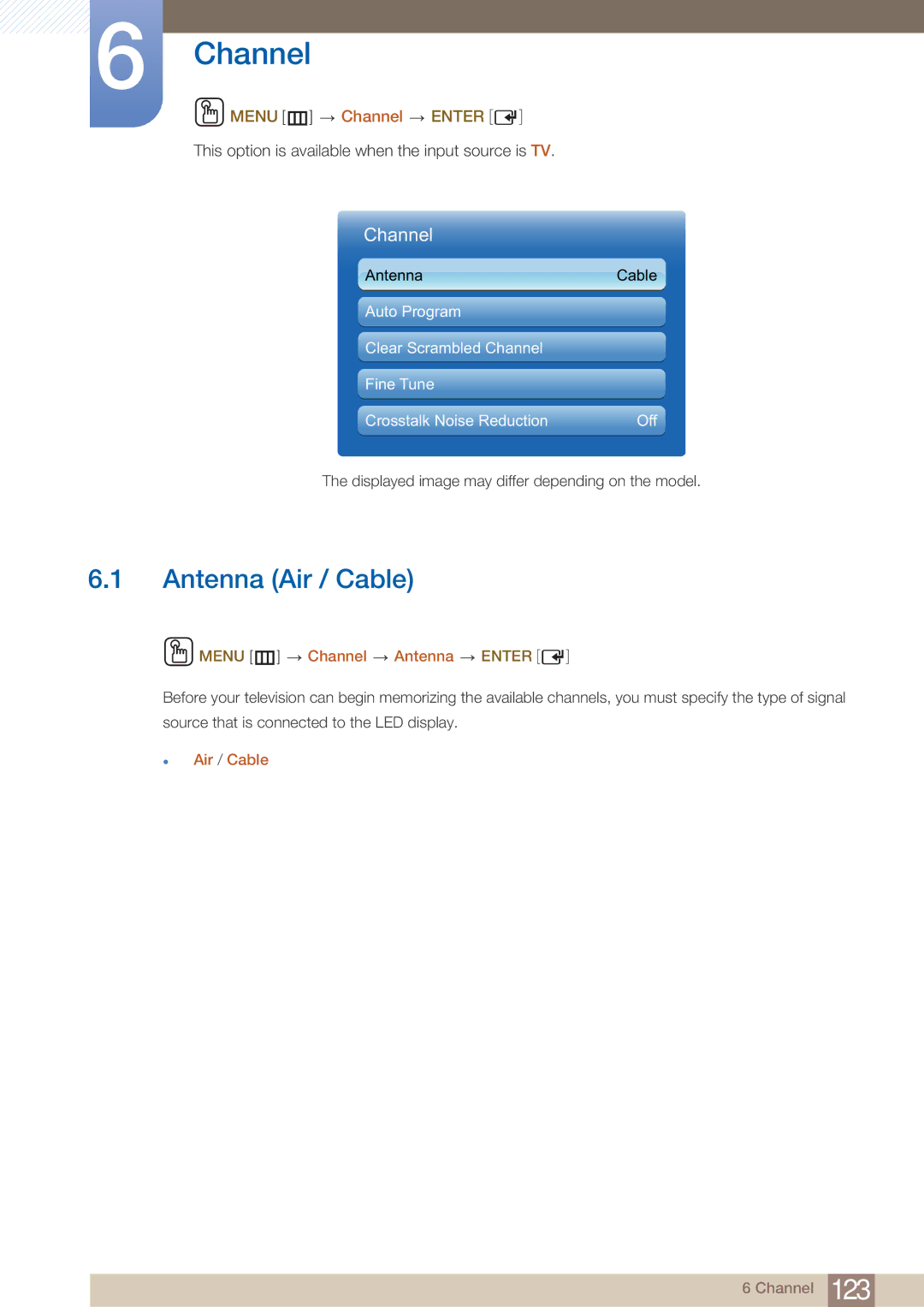 Samsung DE55C, DE40C, DE46C user manual Antenna Air / Cable, Menu m Channel Antenna Enter,  Air / Cable 