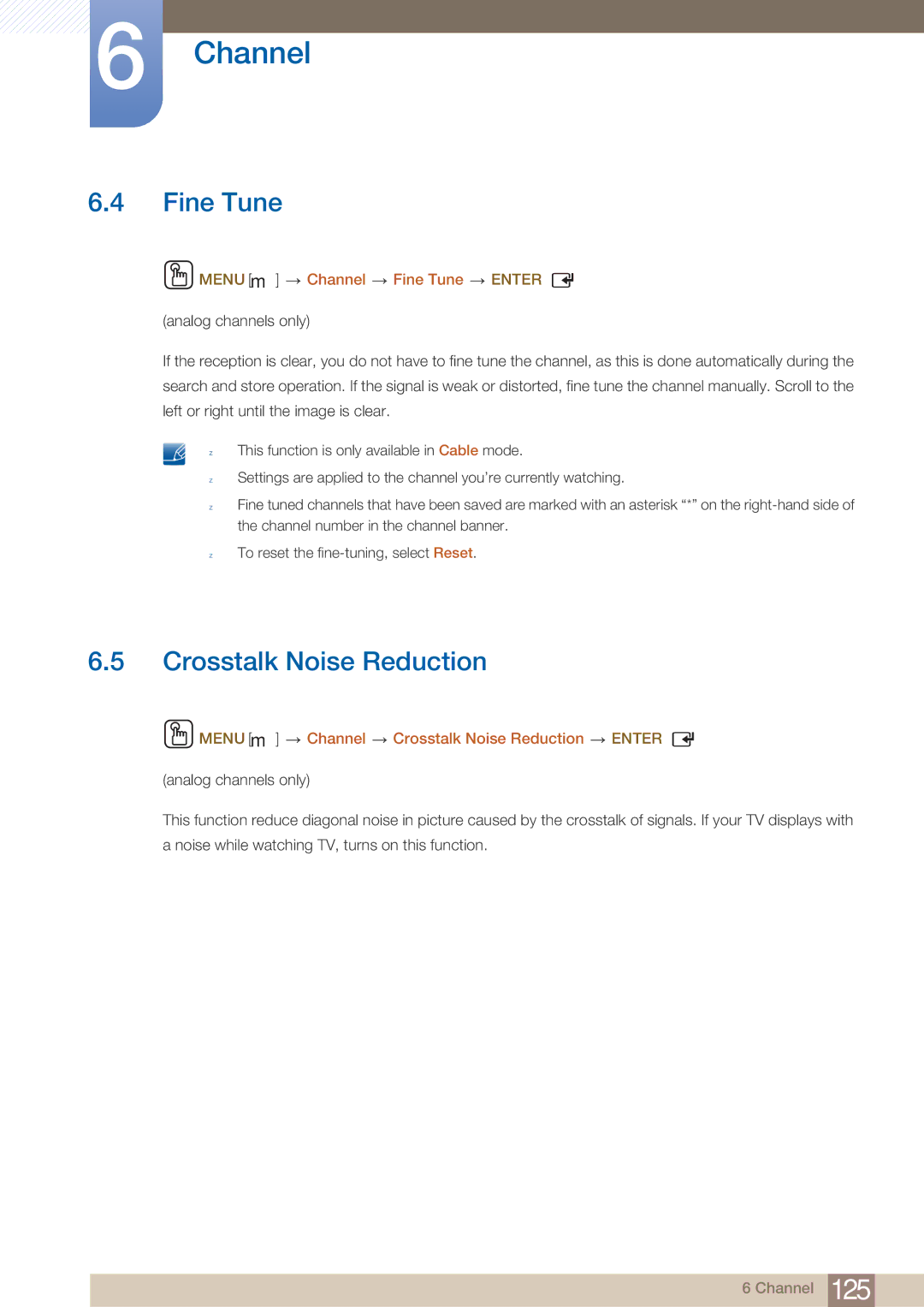 Samsung DE46C, DE55C, DE40C user manual Crosstalk Noise Reduction, Menu m Channel Fine Tune Enter 