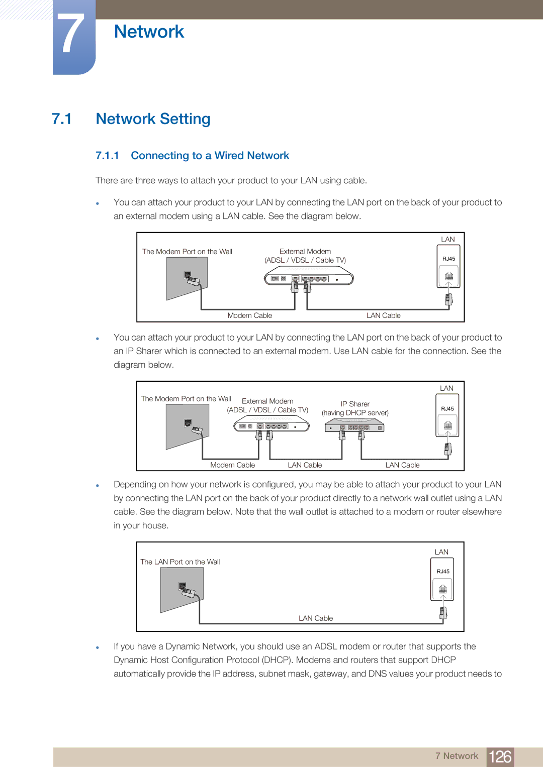 Samsung DE55C, DE40C, DE46C user manual Network Setting, Connecting to a Wired Network 