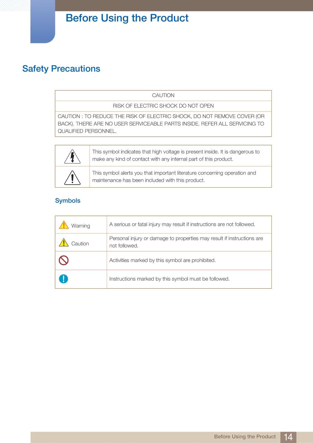 Samsung DE46C, DE55C, DE40C user manual Safety Precautions, Symbols 