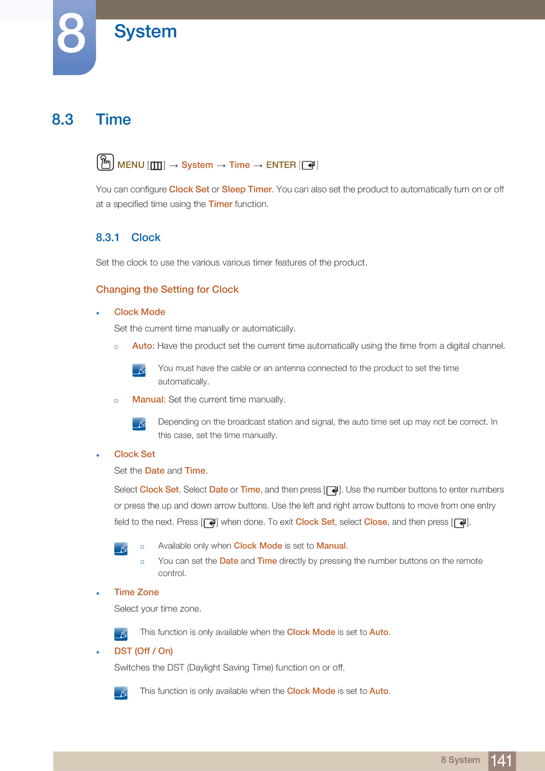 Samsung DE55C, DE40C, DE46C user manual Time, Changing the Setting for Clock 