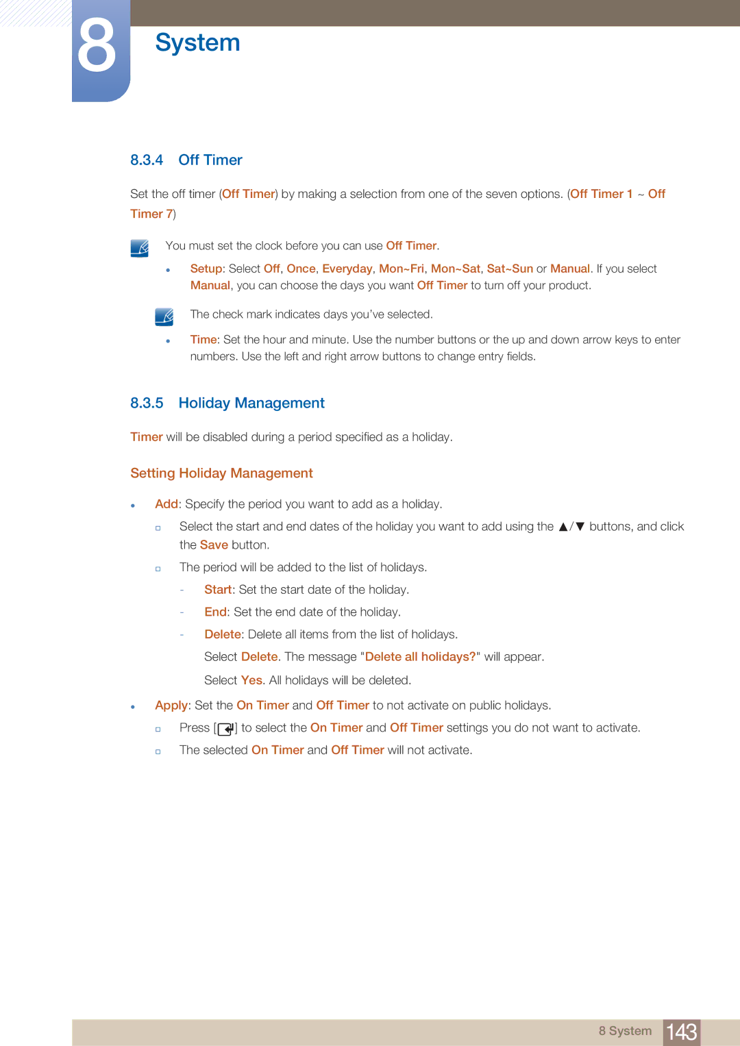 Samsung DE46C, DE55C, DE40C user manual Off Timer, Setting Holiday Management 