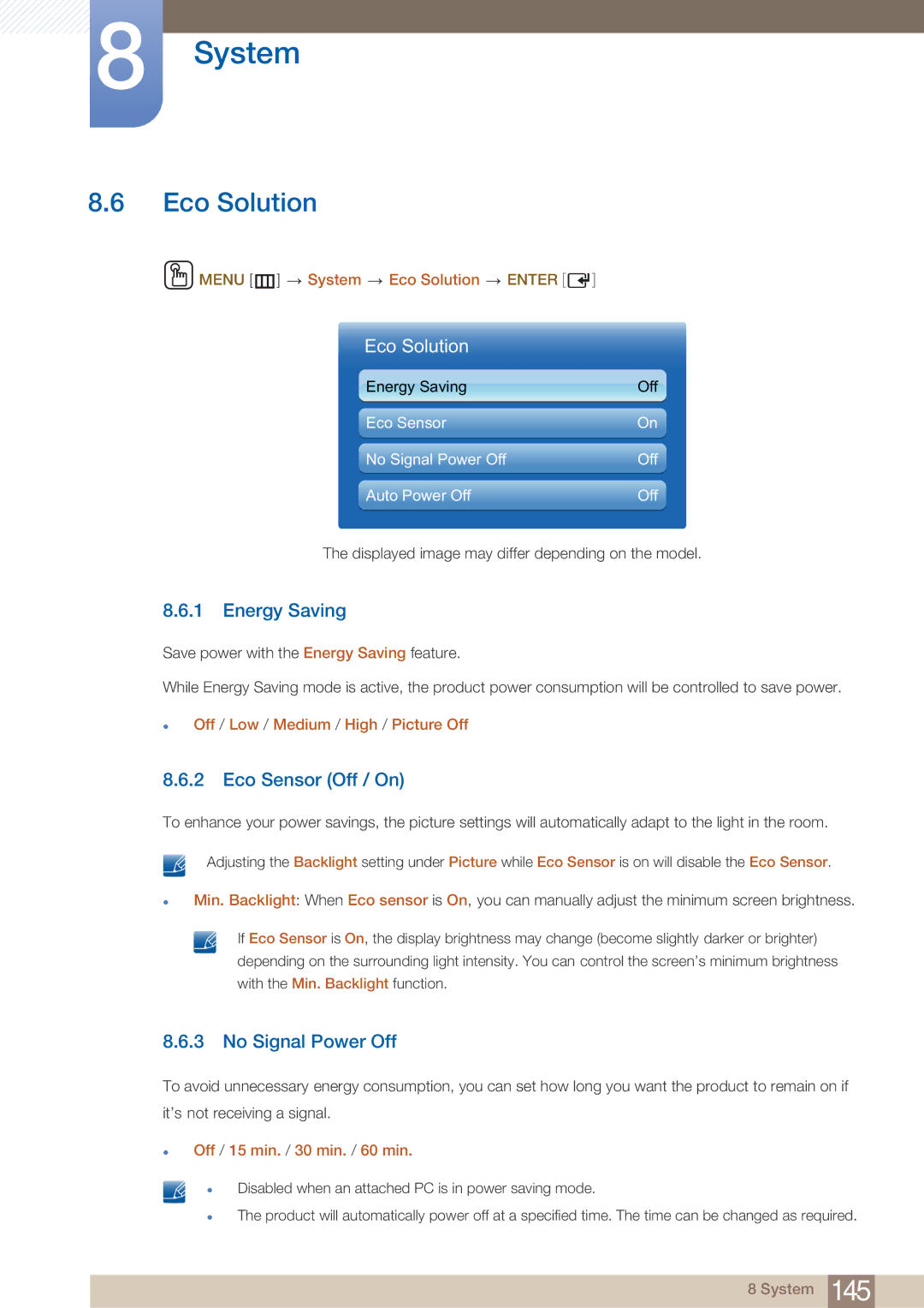 Samsung DE40C, DE55C, DE46C user manual Eco Solution, Energy Saving, Eco Sensor Off / On, No Signal Power Off 