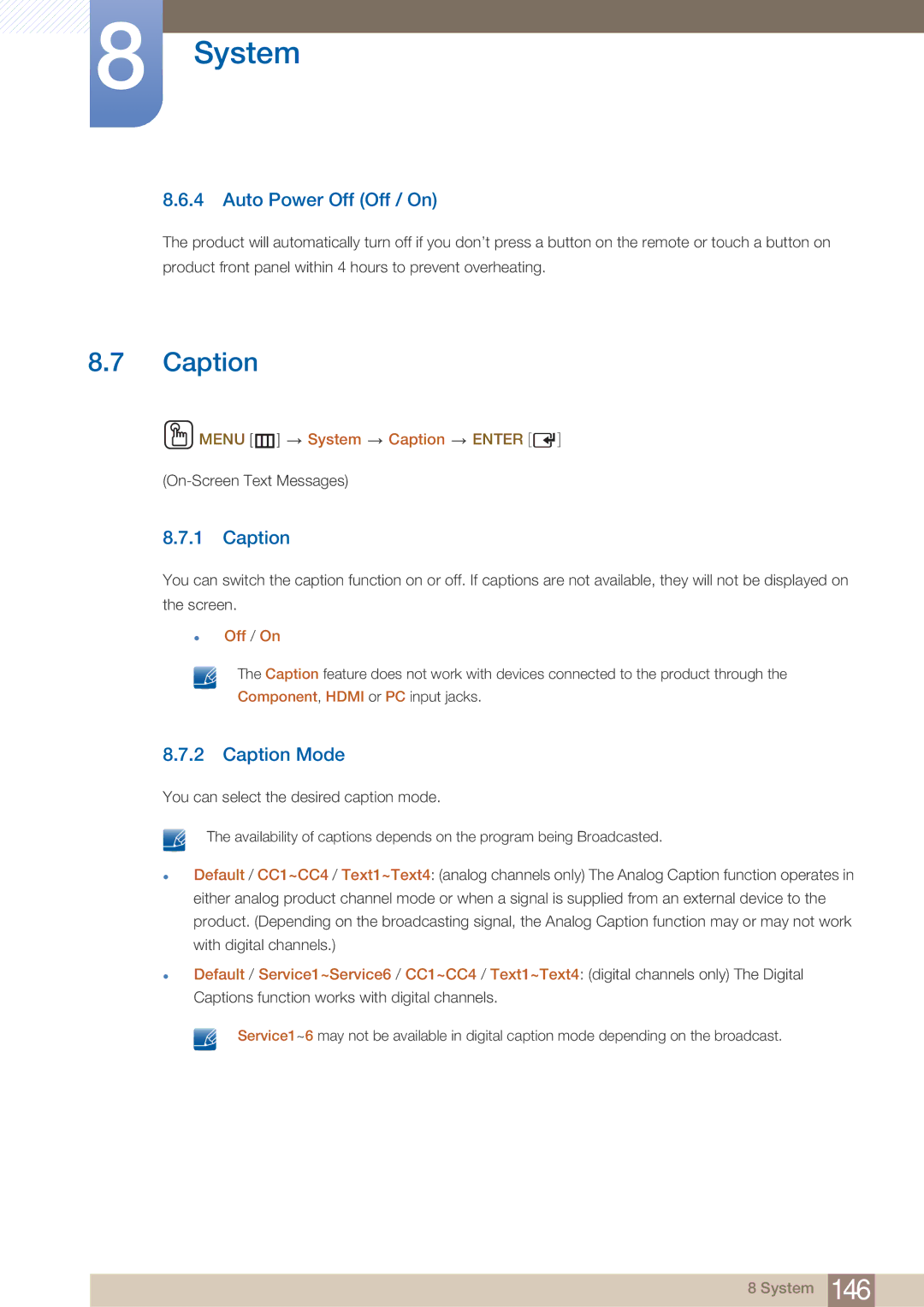 Samsung DE46C, DE55C, DE40C user manual Auto Power Off Off / On, Caption Mode 