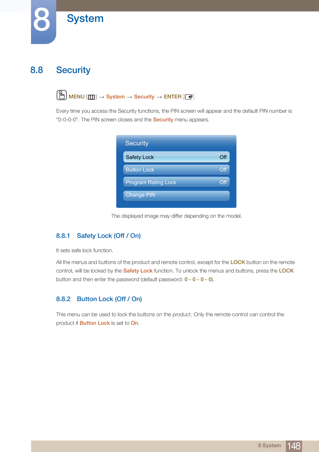 Samsung DE40C, DE55C, DE46C user manual Safety Lock Off / On, Button Lock Off / On, Menu m System Security Enter 