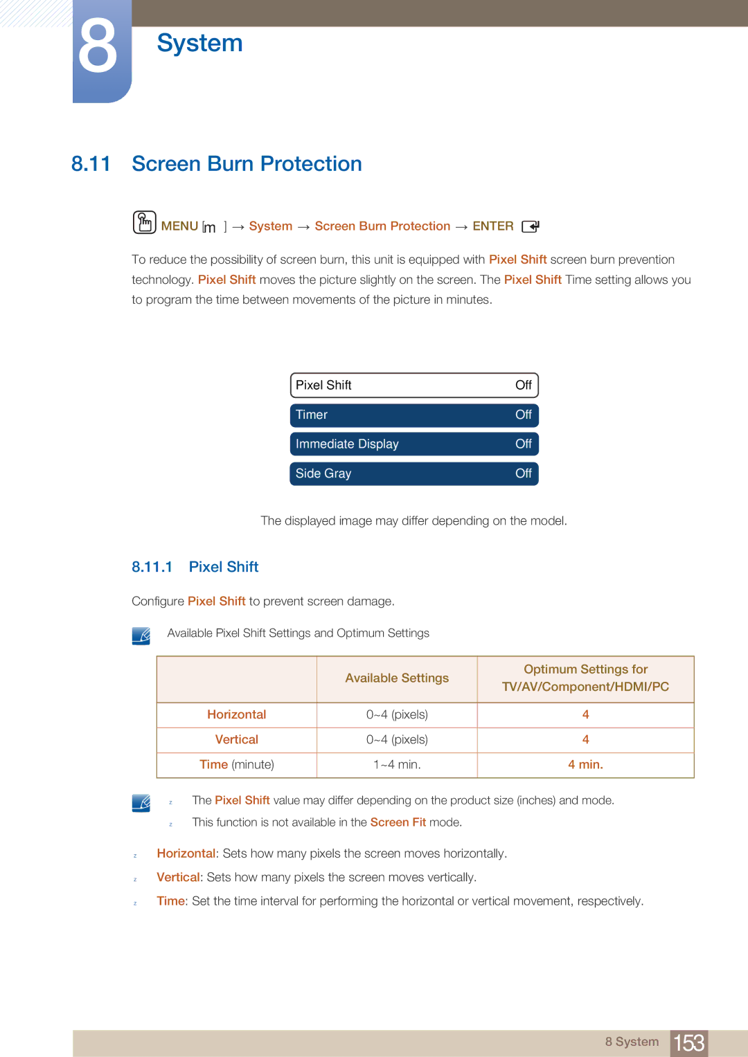 Samsung DE55C, DE40C, DE46C user manual Screen Burn Protection, Pixel Shift 