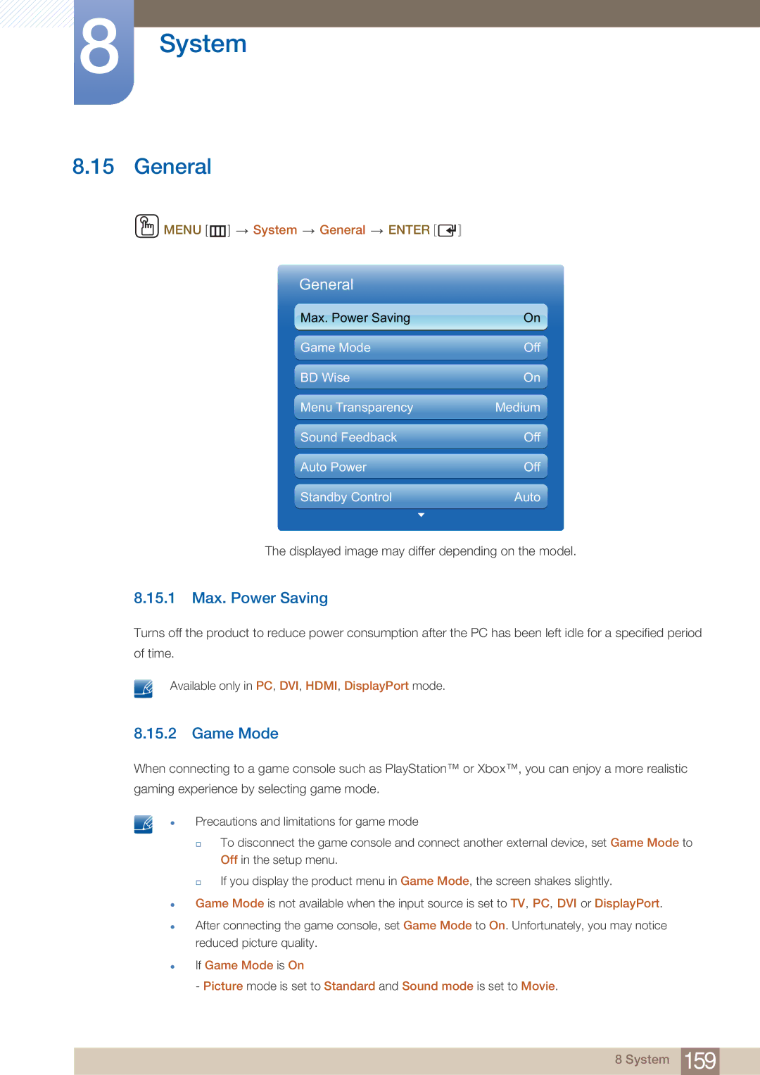 Samsung DE55C, DE40C, DE46C user manual 15.1 Max. Power Saving, Game Mode, Menu m System General Enter 