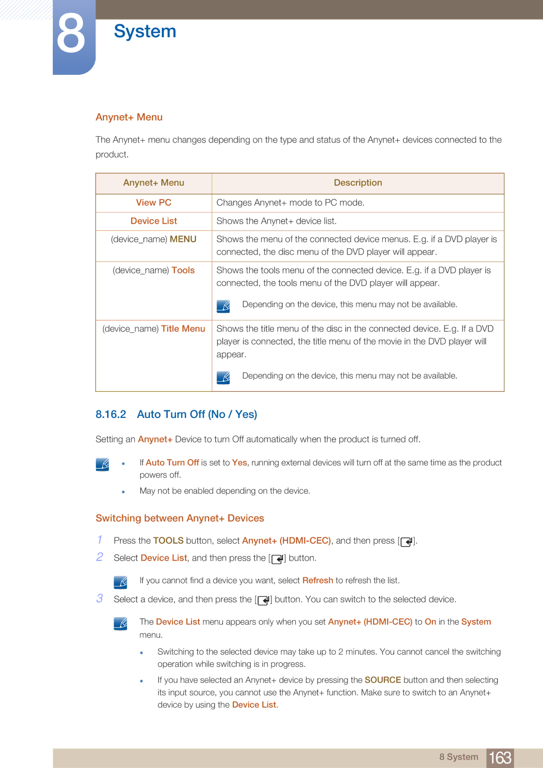 Samsung DE40C, DE55C, DE46C Auto Turn Off No / Yes, Anynet+ Menu, Switching between Anynet+ Devices, View PC, Device List 