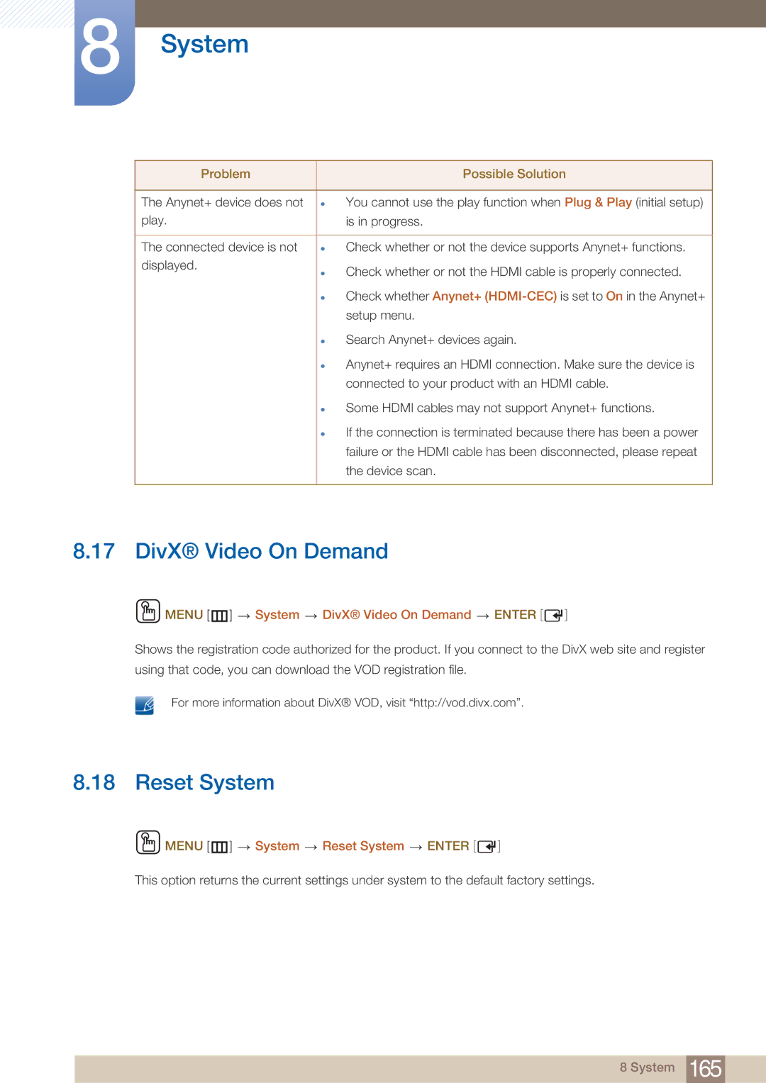 Samsung DE55C, DE40C, DE46C user manual Menu m System DivX Video On Demand Enter, Menu m System Reset System Enter 