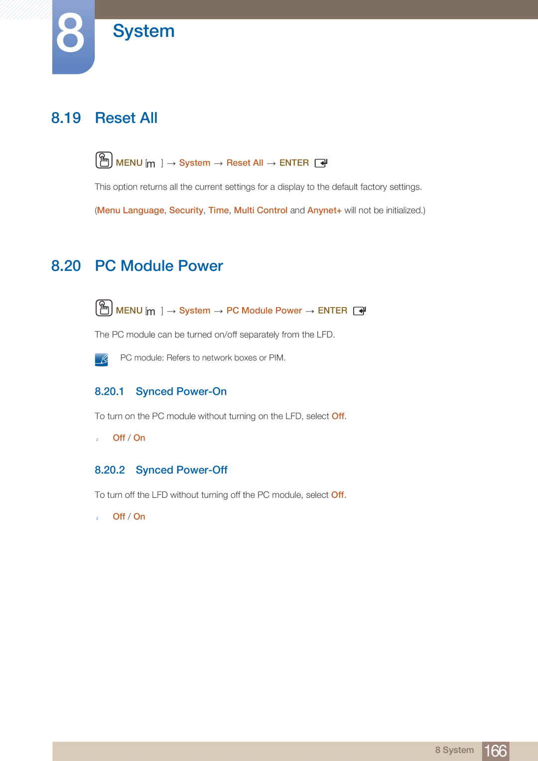 Samsung DE40C, DE55C, DE46C user manual Reset All, PC Module Power, Synced Power-On, Synced Power-Off 