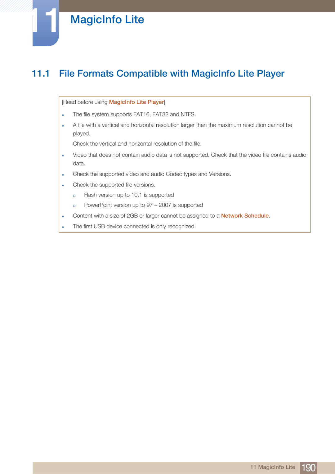 Samsung DE40C, DE55C, DE46C File Formats Compatible with MagicInfo Lite Player, Read before using MagicInfo Lite Player 