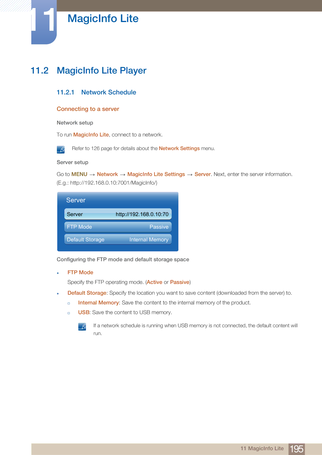 Samsung DE55C, DE40C MagicInfo Lite Player, Network Schedule, Connecting to a server, Network MagicInfo Lite Settings 