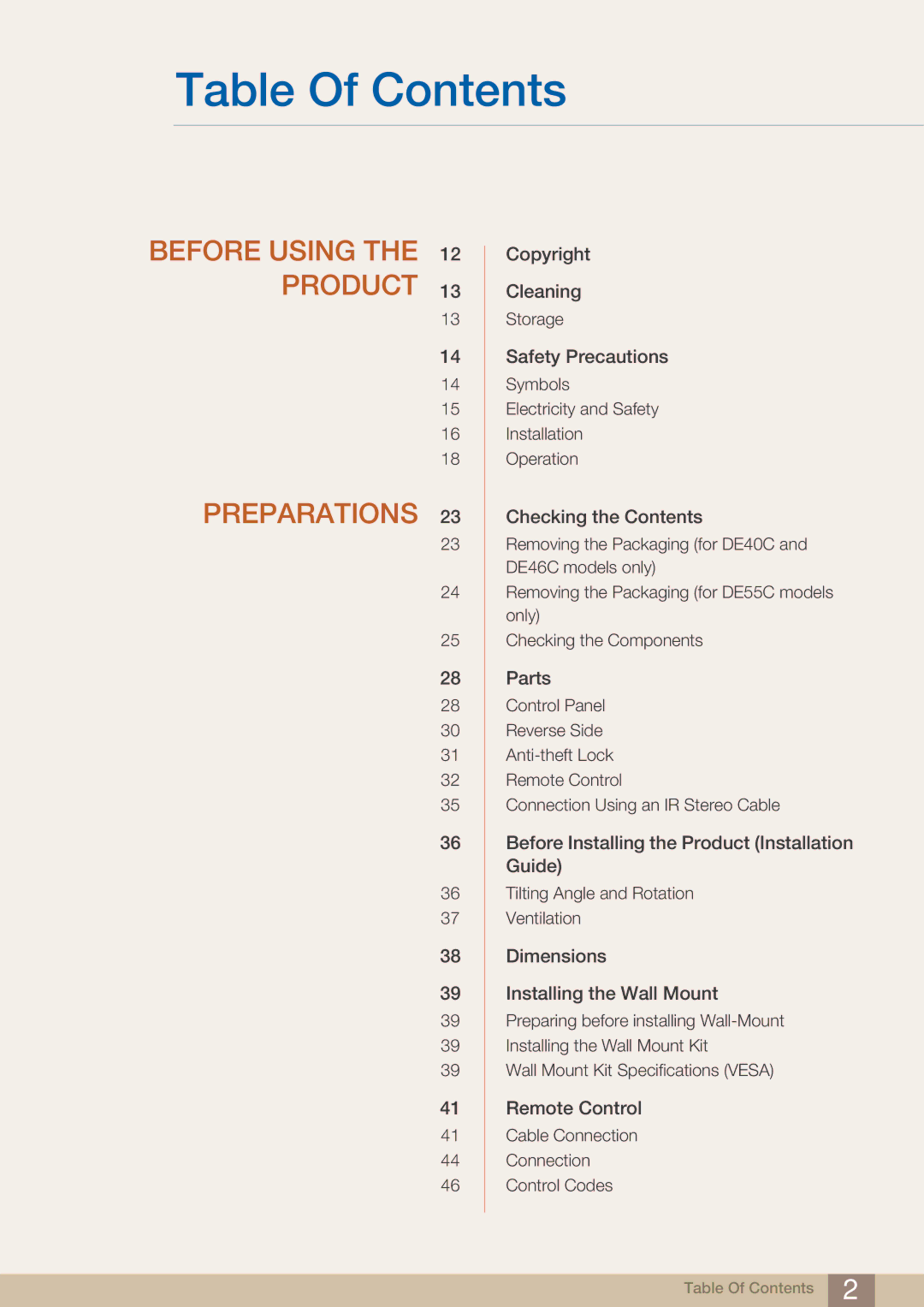 Samsung DE46C, DE55C, DE40C user manual Table Of Contents 