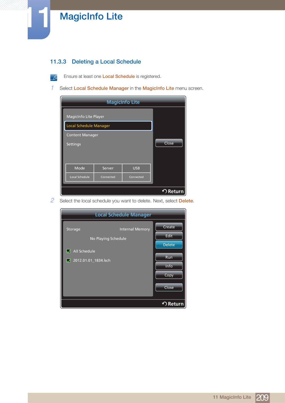 Samsung DE46C, DE55C, DE40C user manual Deleting a Local Schedule 