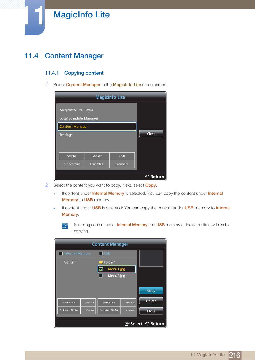 Samsung DE55C, DE40C, DE46C user manual Content Manager, Copying content 