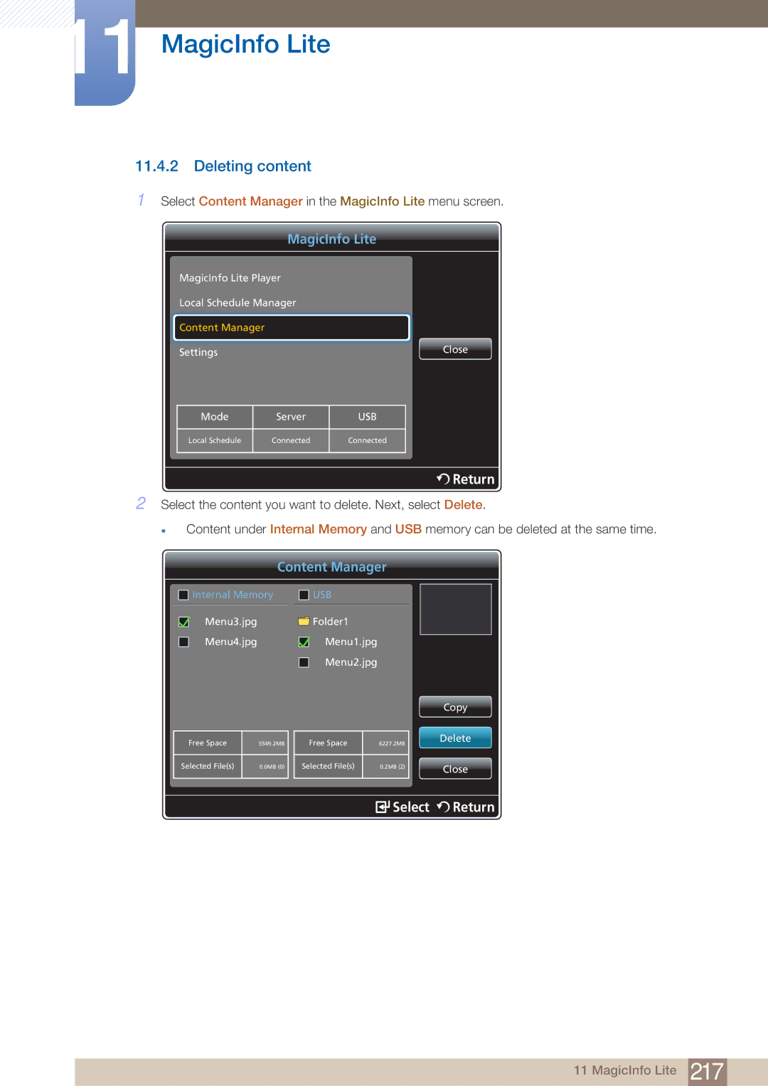 Samsung DE40C, DE55C, DE46C user manual Deleting content 