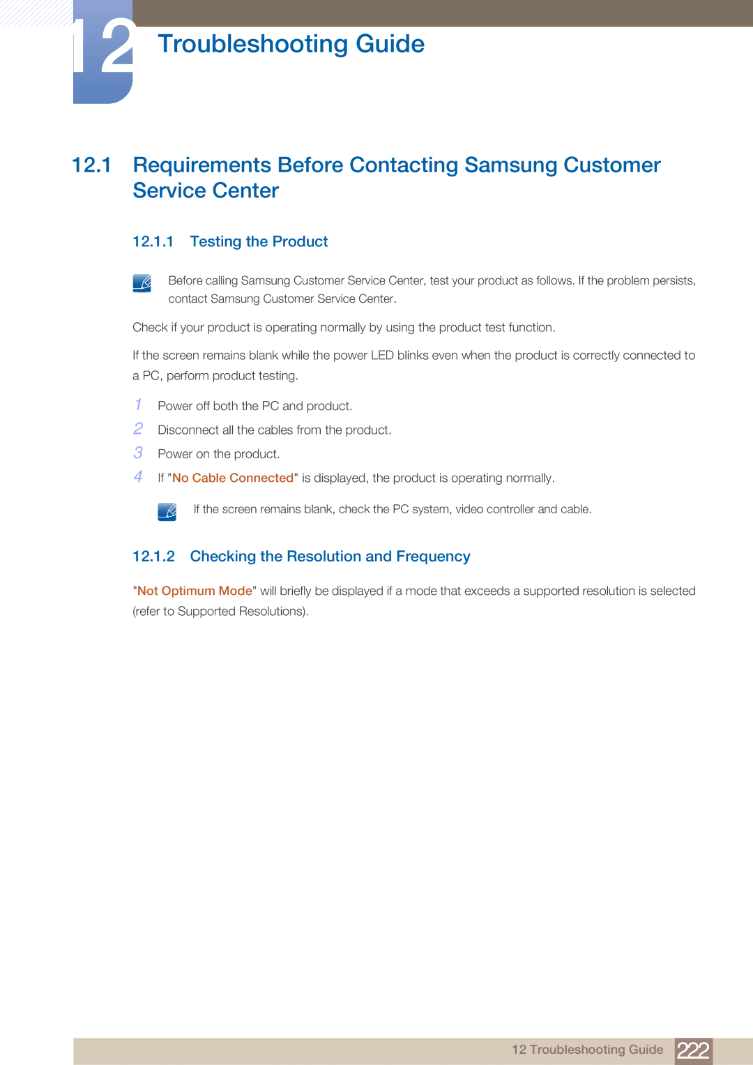 Samsung DE55C, DE40C, DE46C user manual Troubleshooting Guide, Testing the Product, Checking the Resolution and Frequency 