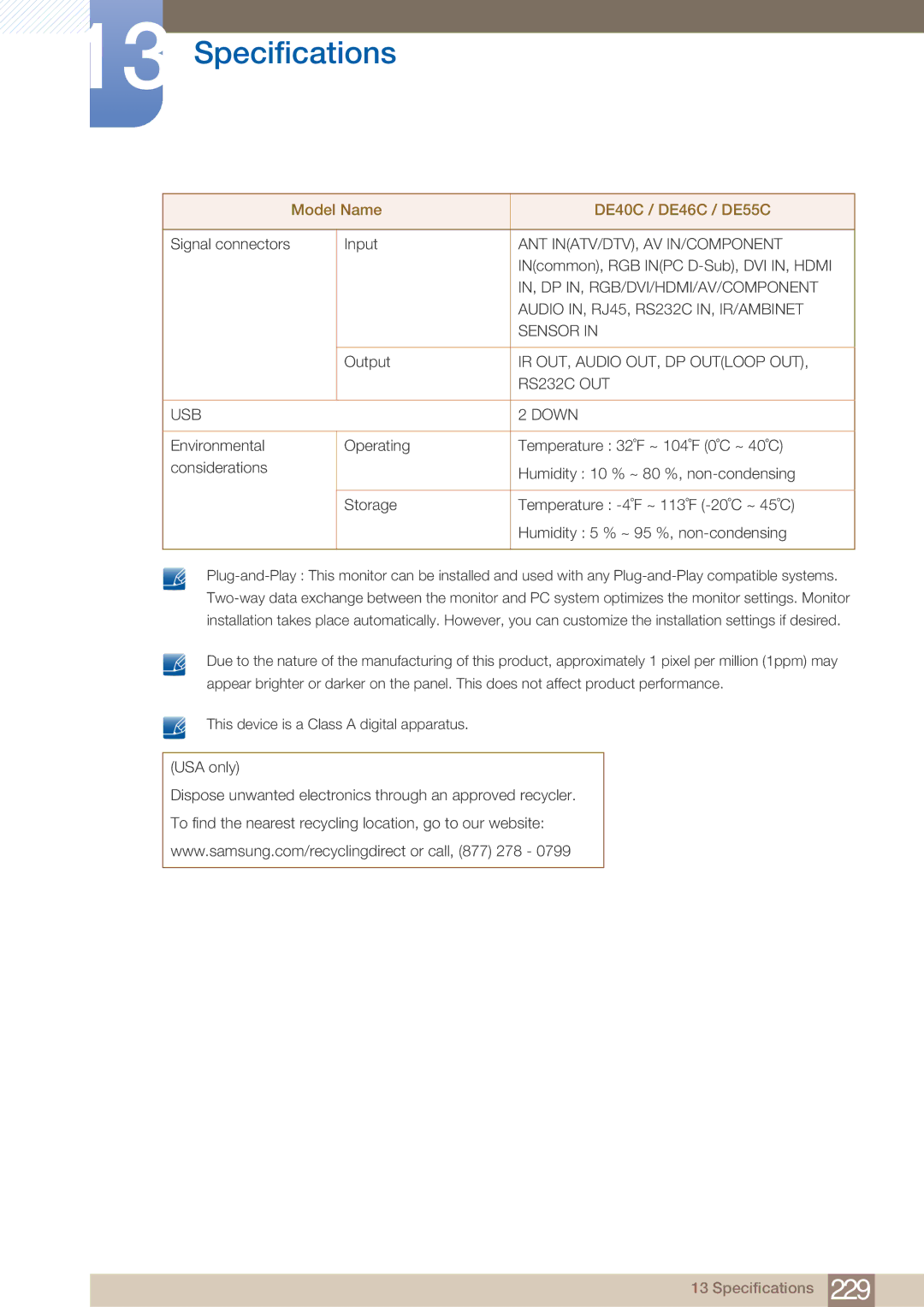 Samsung DE40C, DE55C, DE46C user manual Ant Inatv/Dtv, Av In/Component 