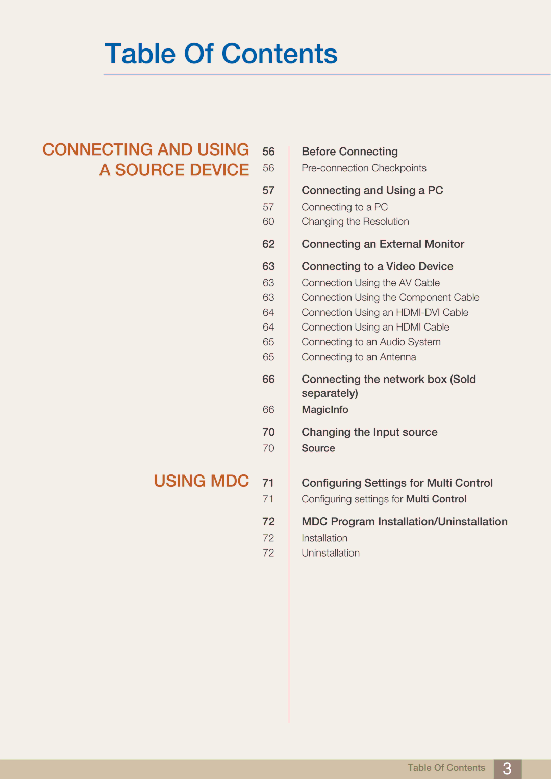 Samsung DE55C, DE40C, DE46C user manual Connecting and Using 56 a Source Device Using MDC 