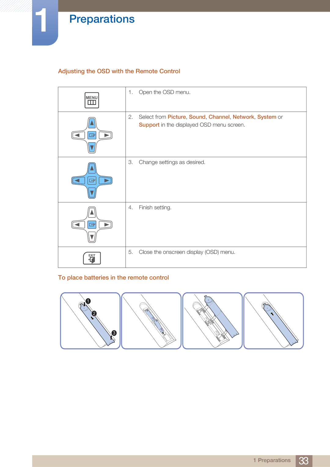 Samsung DE55C, DE40C, DE46C user manual Adjusting the OSD with the Remote Control, To place batteries in the remote control 