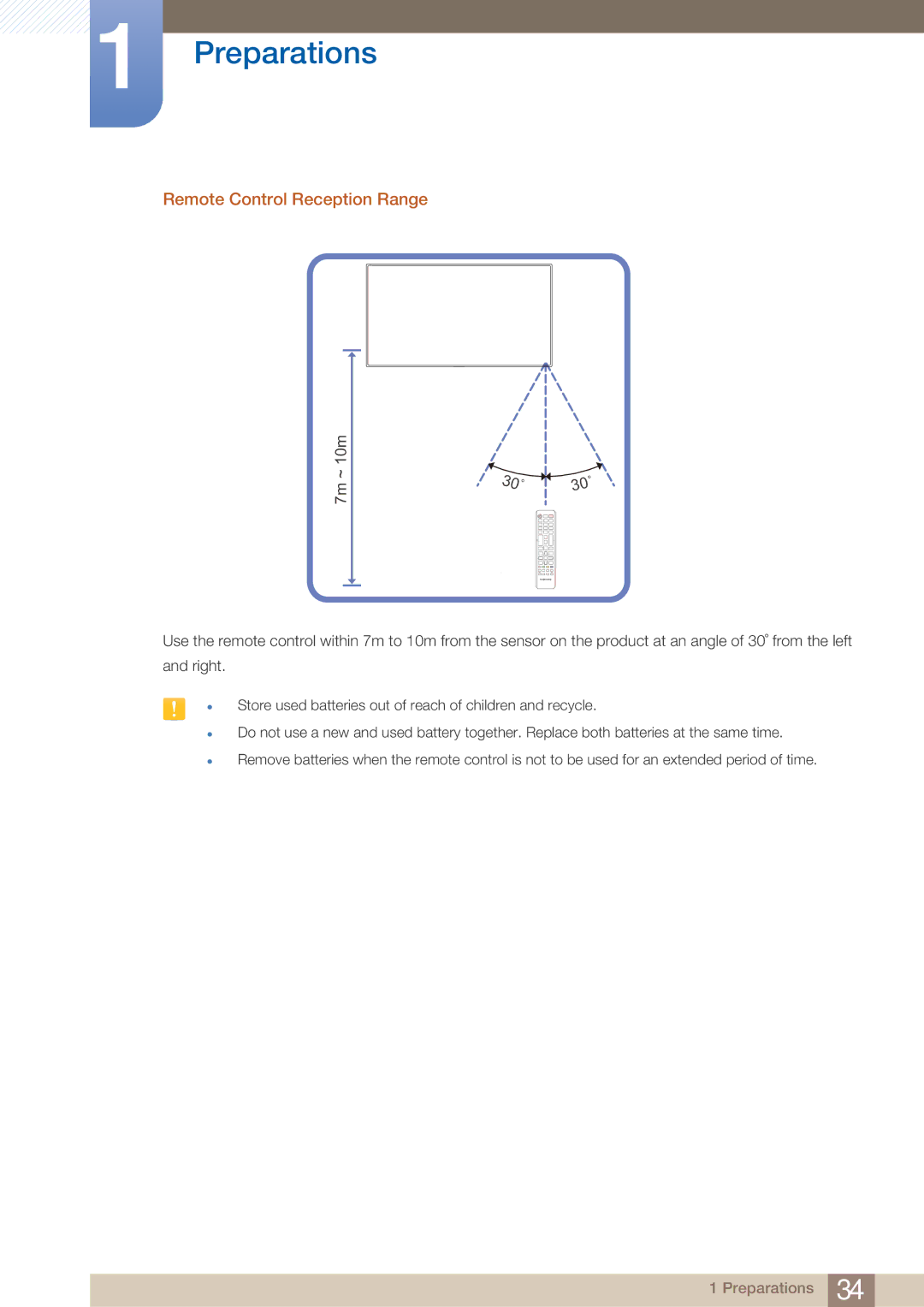 Samsung DE40C, DE55C, DE46C user manual Remote Control Reception Range, 7m ~ 10m 