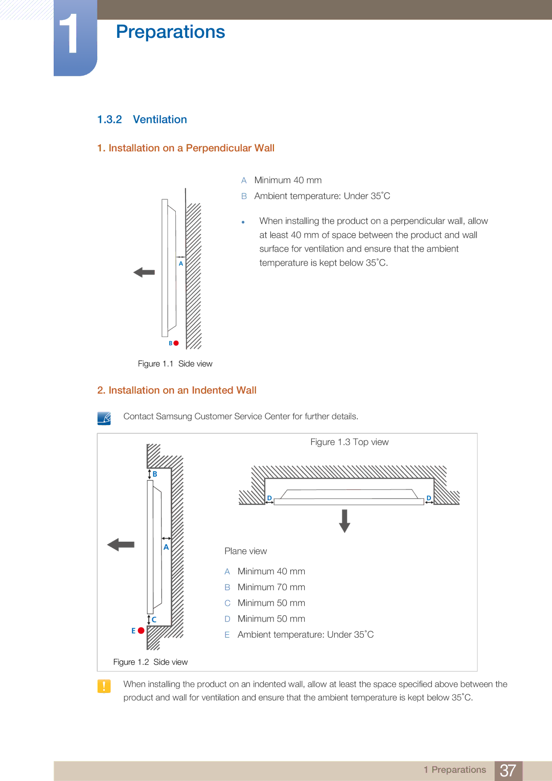 Samsung DE40C, DE55C, DE46C user manual Ventilation, Installation on a Perpendicular Wall, Installation on an Indented Wall 