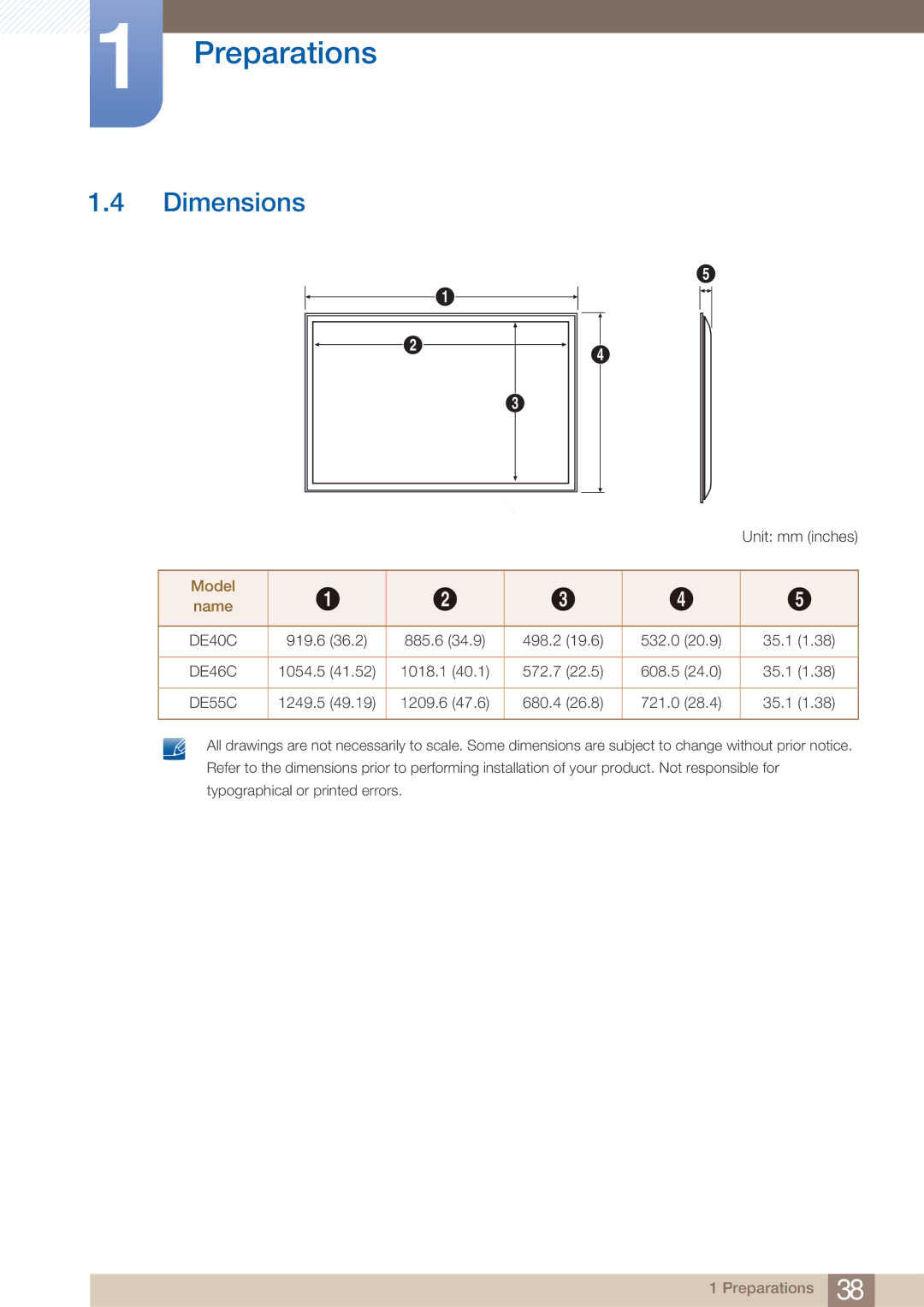 Samsung DE46C, DE55C, DE40C user manual Dimensions, Model Name 