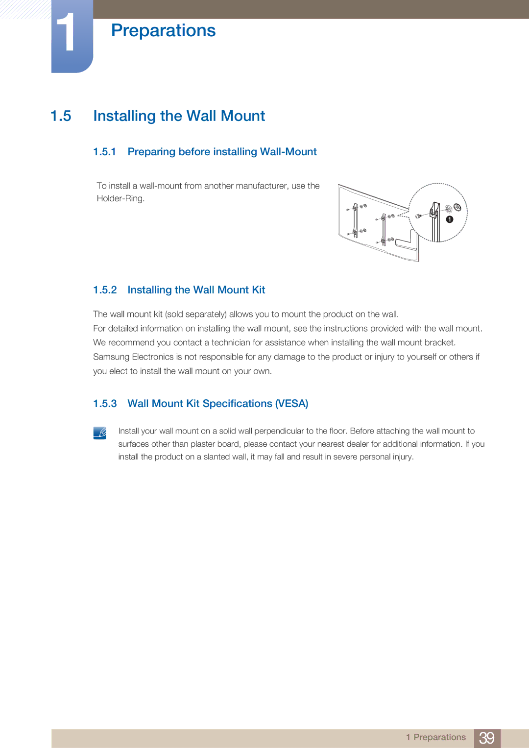 Samsung DE55C, DE40C, DE46C user manual Preparing before installing Wall-Mount, Installing the Wall Mount Kit 