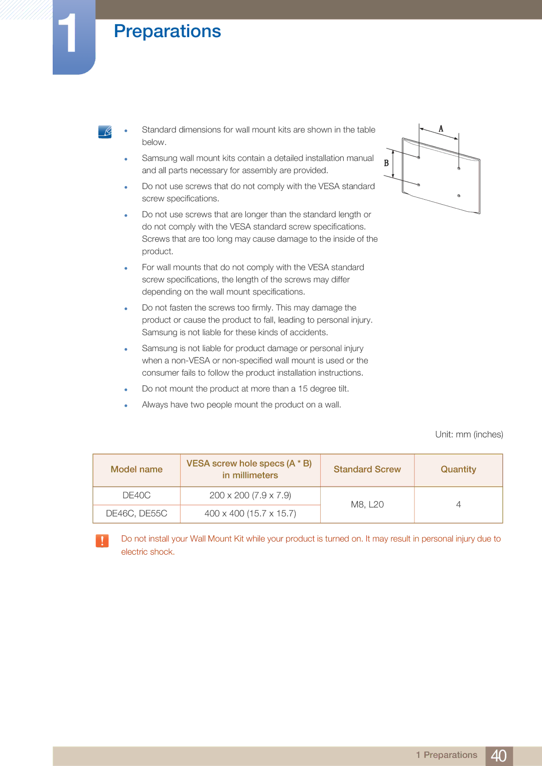 Samsung DE40C user manual M8, L20 DE46C, DE55C 400 x 400 15.7 x 