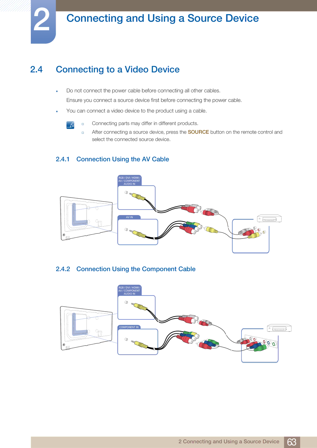 Samsung DE55C, DE40C Connecting to a Video Device, Connection Using the AV Cable, Connection Using the Component Cable 