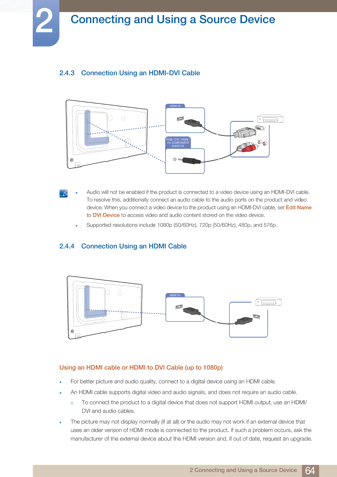 Samsung DE40C, DE55C, DE46C user manual Connection Using an HDMI-DVI Cable, Connection Using an Hdmi Cable 