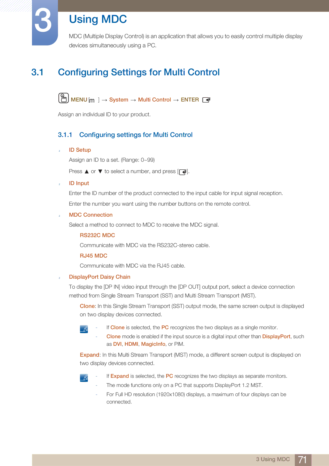 Samsung DE46C, DE55C, DE40C Using MDC, Configuring Settings for Multi Control, Configuring settings for Multi Control 