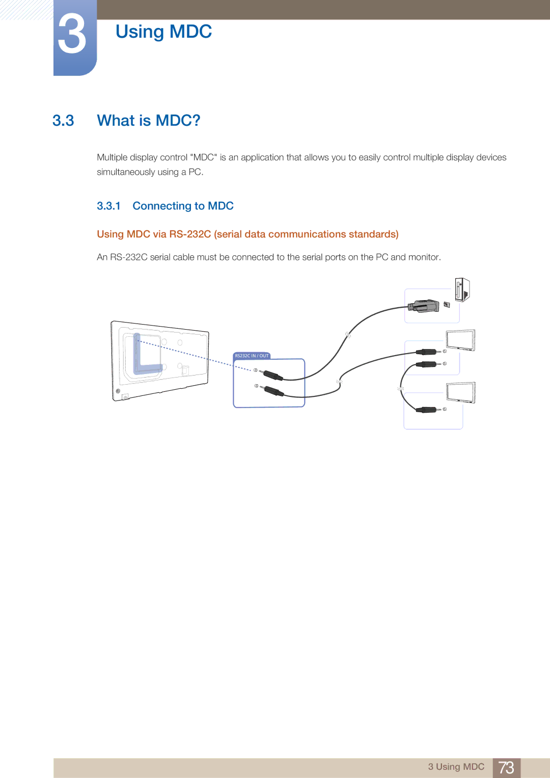 Samsung DE40C, DE55C, DE46C What is MDC?, Connecting to MDC, Using MDC via RS-232C serial data communications standards 