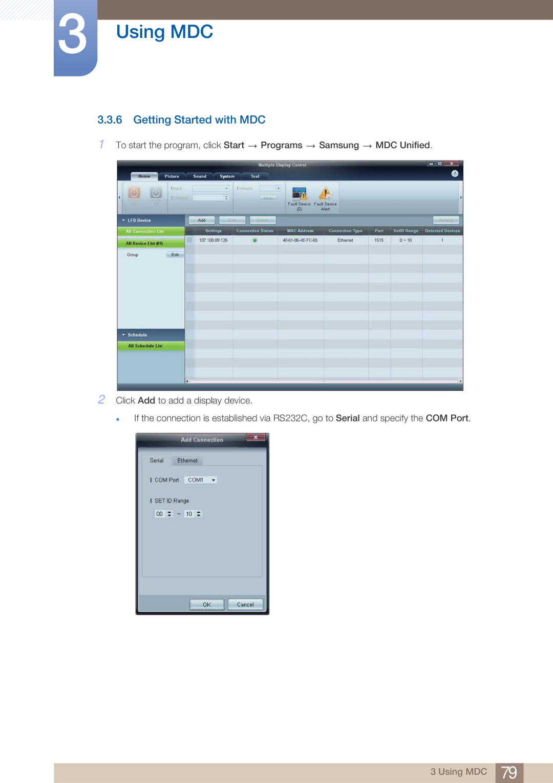 Samsung DE40C, DE55C, DE46C user manual Getting Started with MDC 