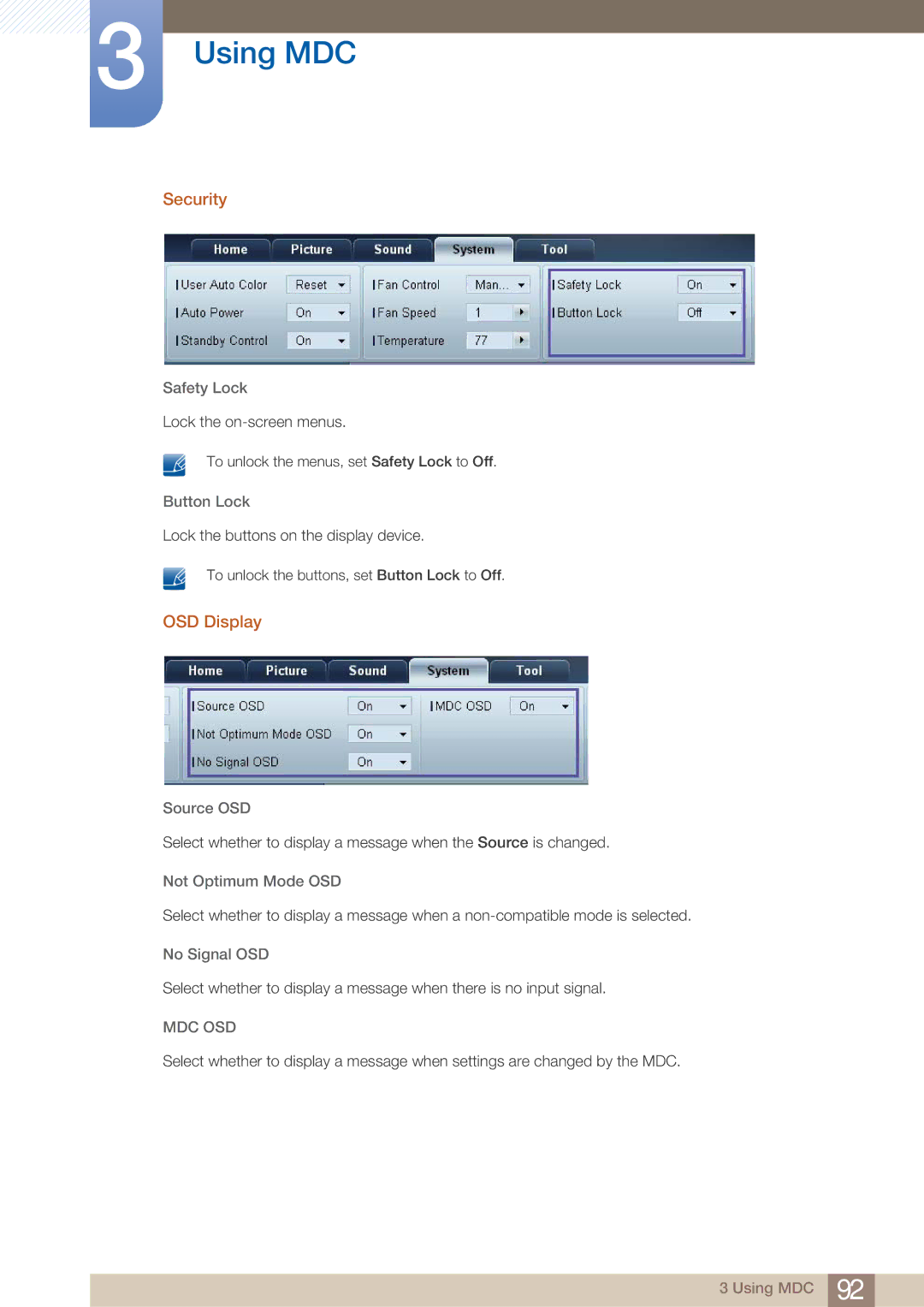 Samsung DE46C, DE55C, DE40C user manual Security, OSD Display, Safety Lock, Button Lock, Source OSD 