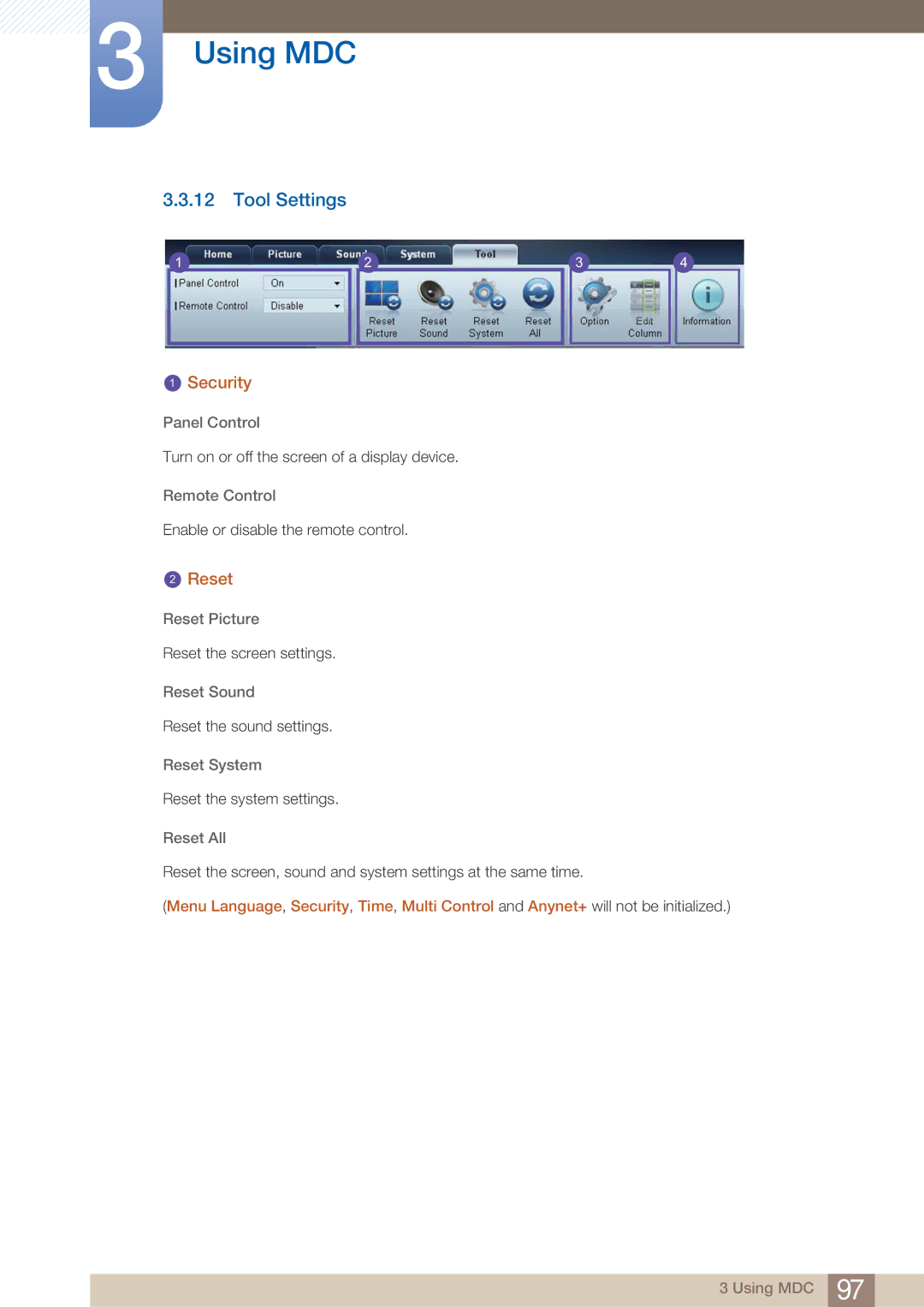 Samsung DE40C, DE55C, DE46C user manual Tool Settings, Reset 