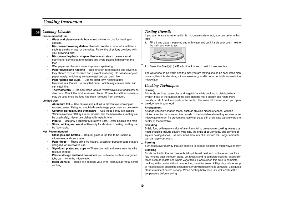 Samsung DE6612 owner manual Cooking Instruction, Cooking Utensils, Testing Utensils, Cooking Techniques 