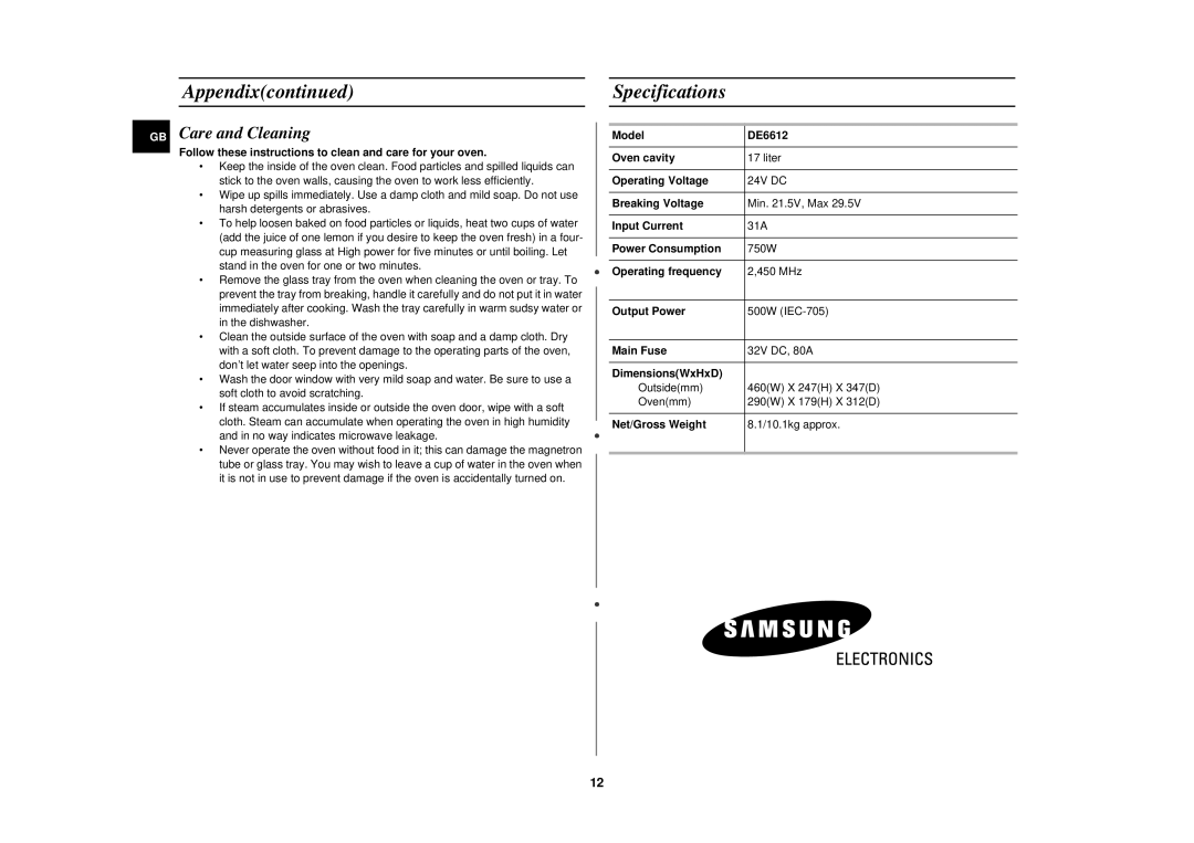 Samsung DE6612 owner manual Appendix Specifications, Care and Cleaning 