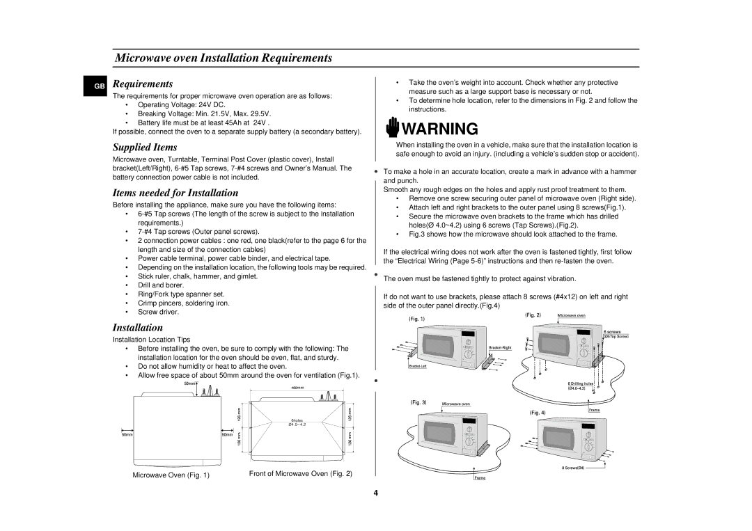 Samsung DE6612 Microwave oven Installation Requirements, GB Requirements, Supplied Items Items needed for Installation 