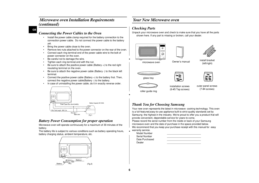 Samsung DE6612 owner manual Your New Microwave oven, Connecting the Power Cables to the Oven, Checking Parts 