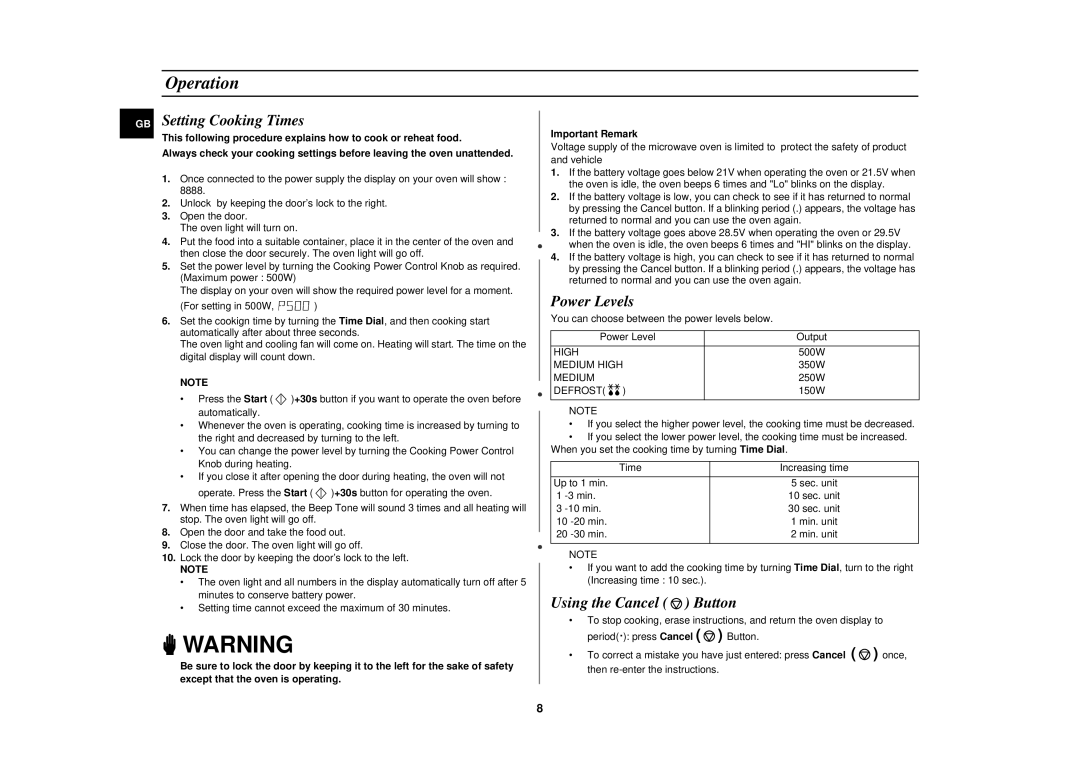 Samsung DE6612 owner manual Operation, Setting Cooking Times, Power Levels, Using the Cancel Button 