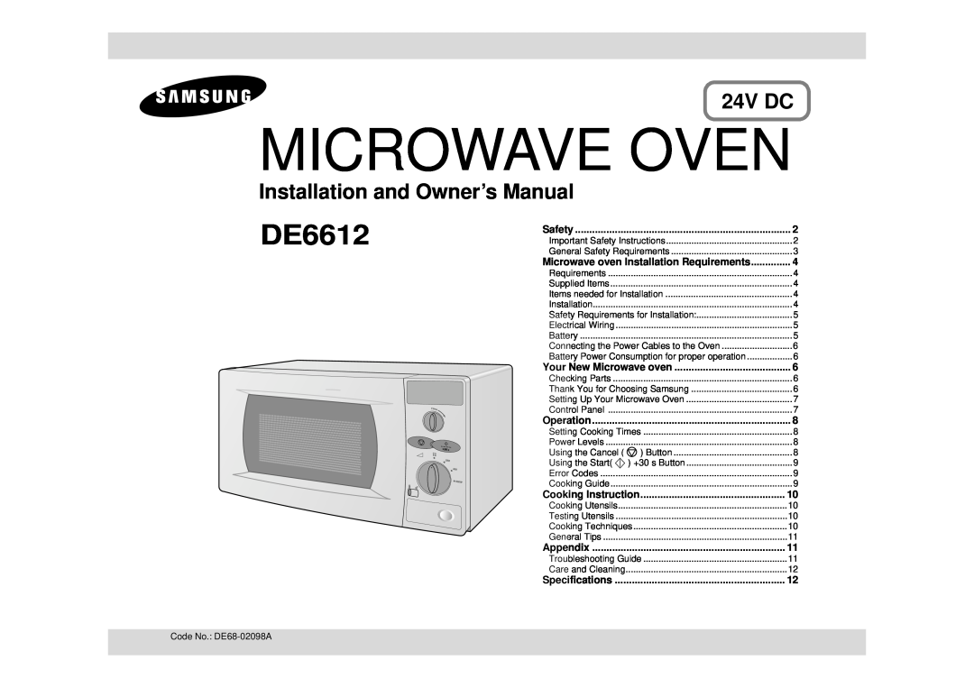 Samsung DE6612 owner manual 24V DC, Microwave Oven 