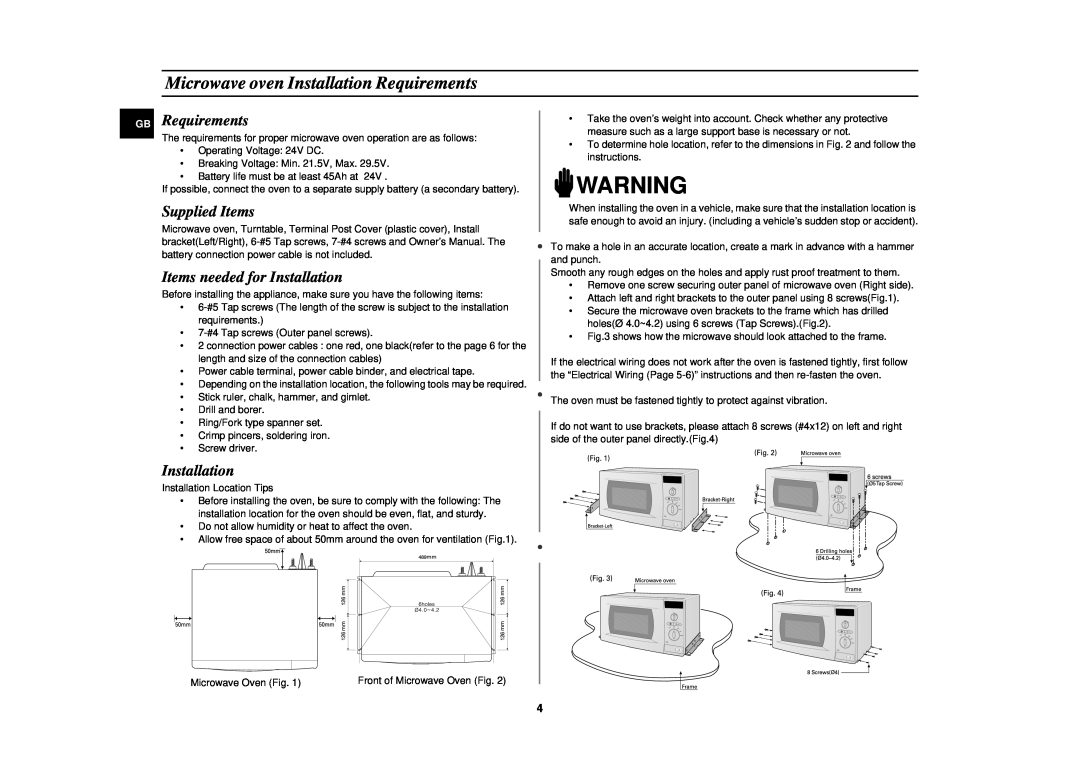 Samsung DE6612 Microwave oven Installation Requirements, GB Requirements, Supplied Items, Items needed for Installation 